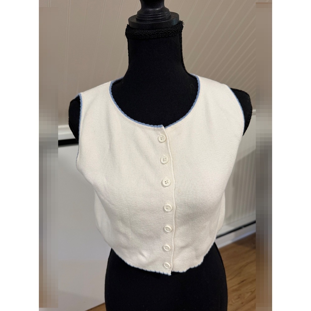 Brandy Melville White Blue Trim Ribbed Button Front Crop Tank Top Cotton